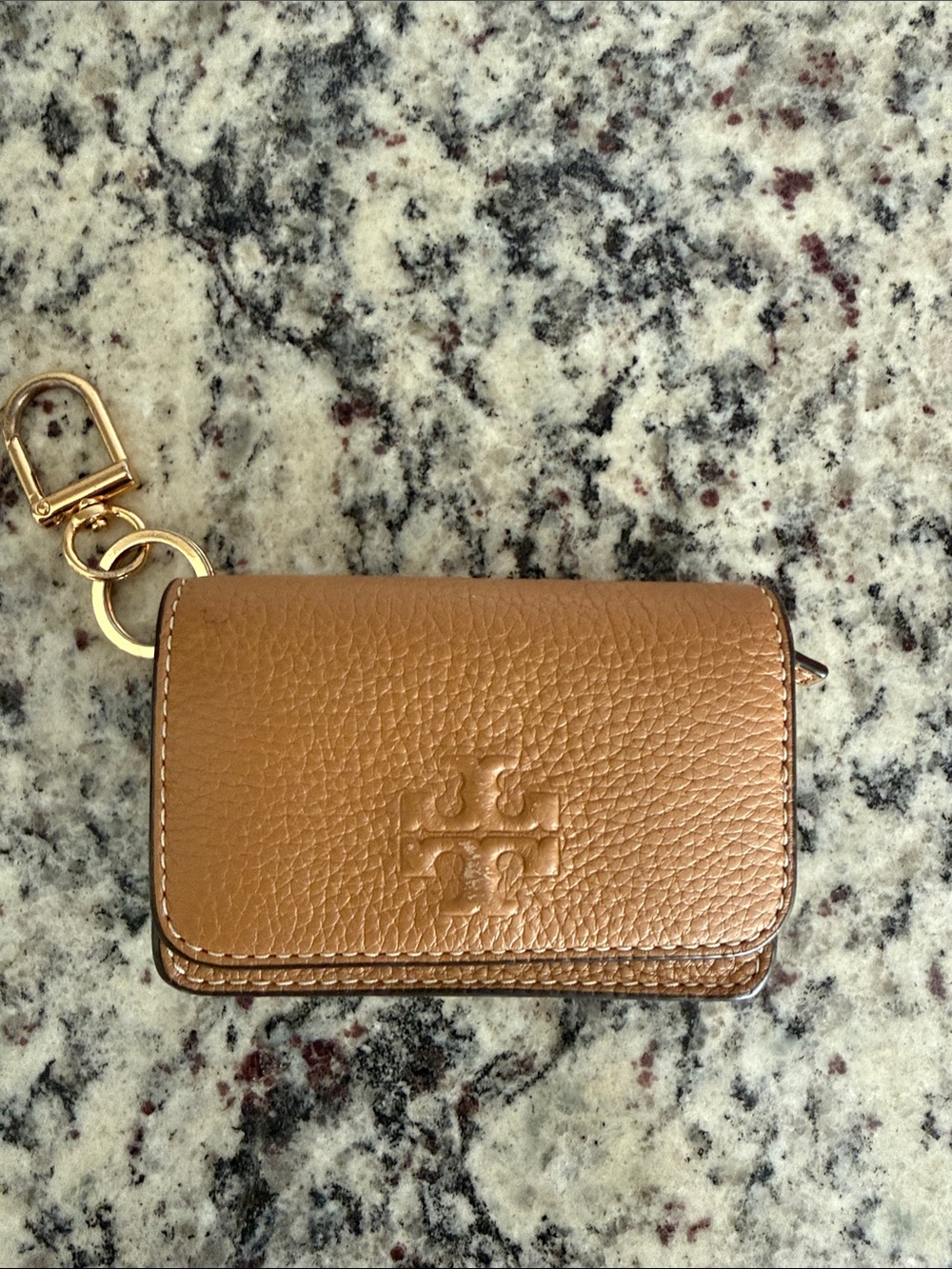 Tory Burch Pebbled Leather Key Pouch in Tan with Gold Hardware